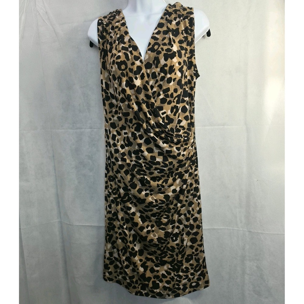 ANNE KLEIN M Sheath Dress Black Tan Leopard Animal Print Knee Length Mob Wife